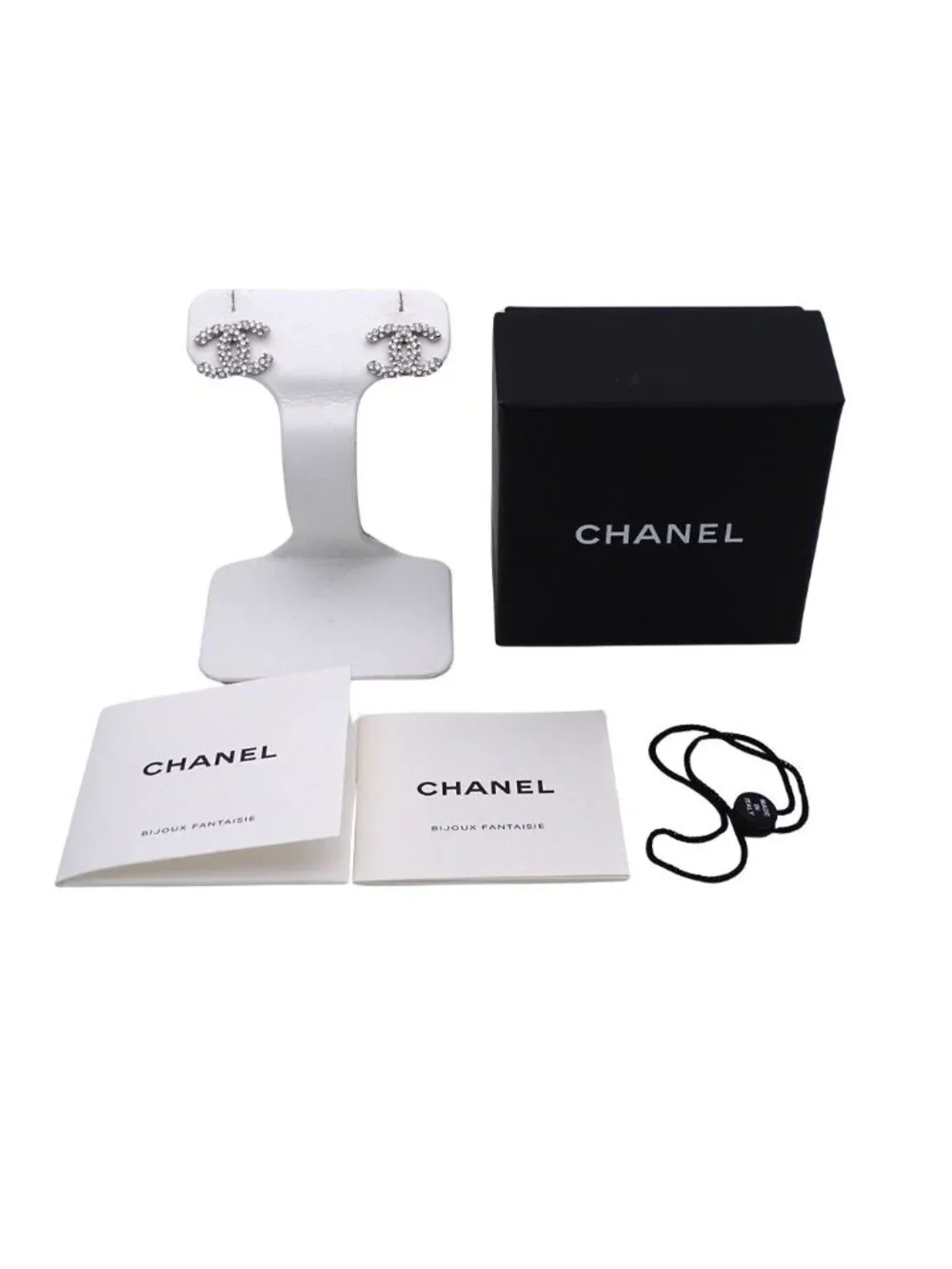 Chanel Earrings Rhinestone CC Logo Silver Small
